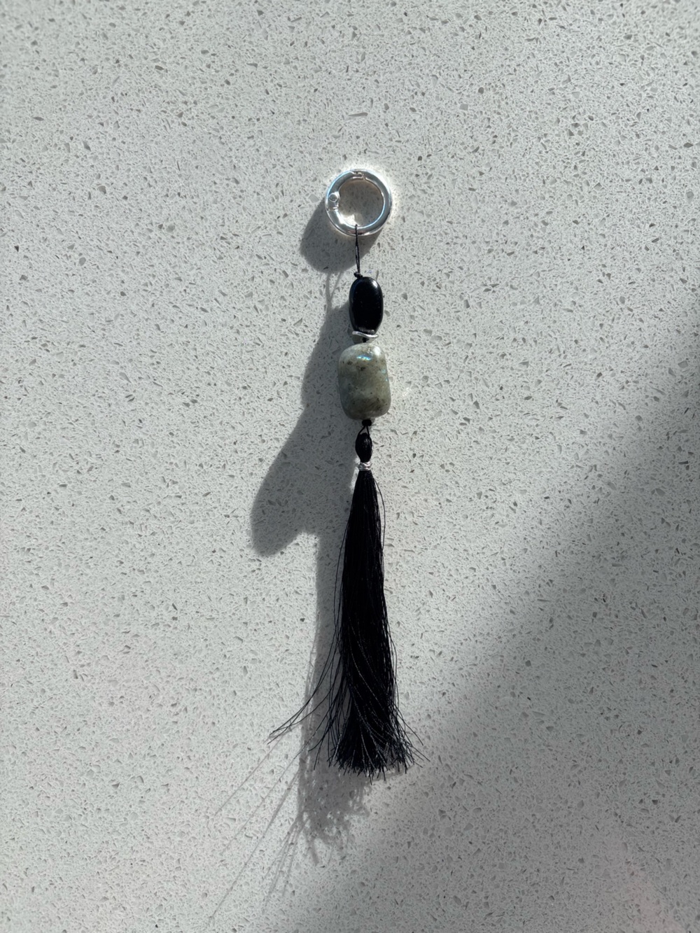 Handmade Black Onyx Tassel Keychain with Labrodite Bead